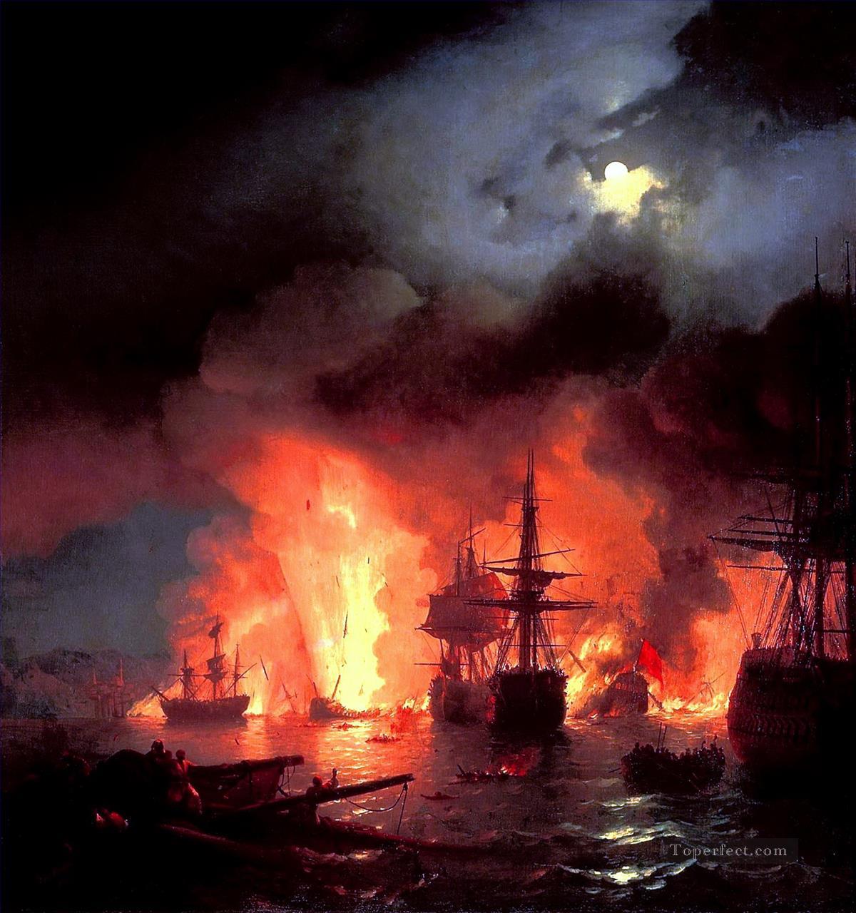 Batalla de Cesme en la noche 1848 Romántico Ivan Aivazovsky Ruso Pintura al óleo